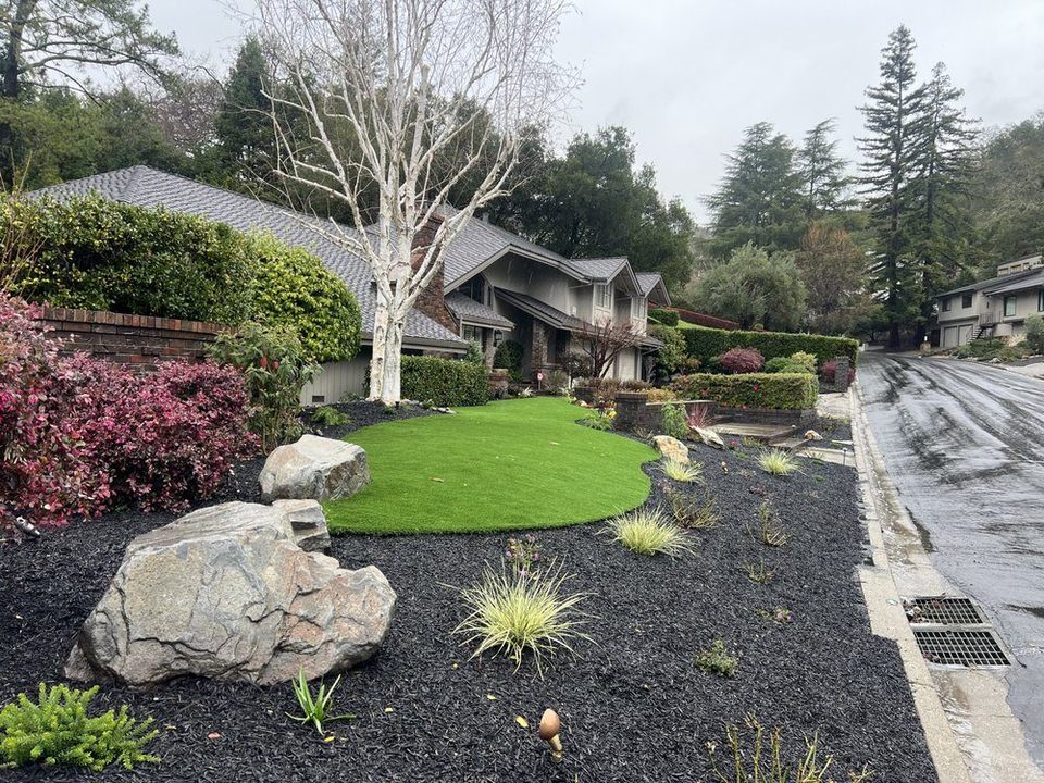 Oval turf accent surrounded by boulders, mulch and planting in a front yard