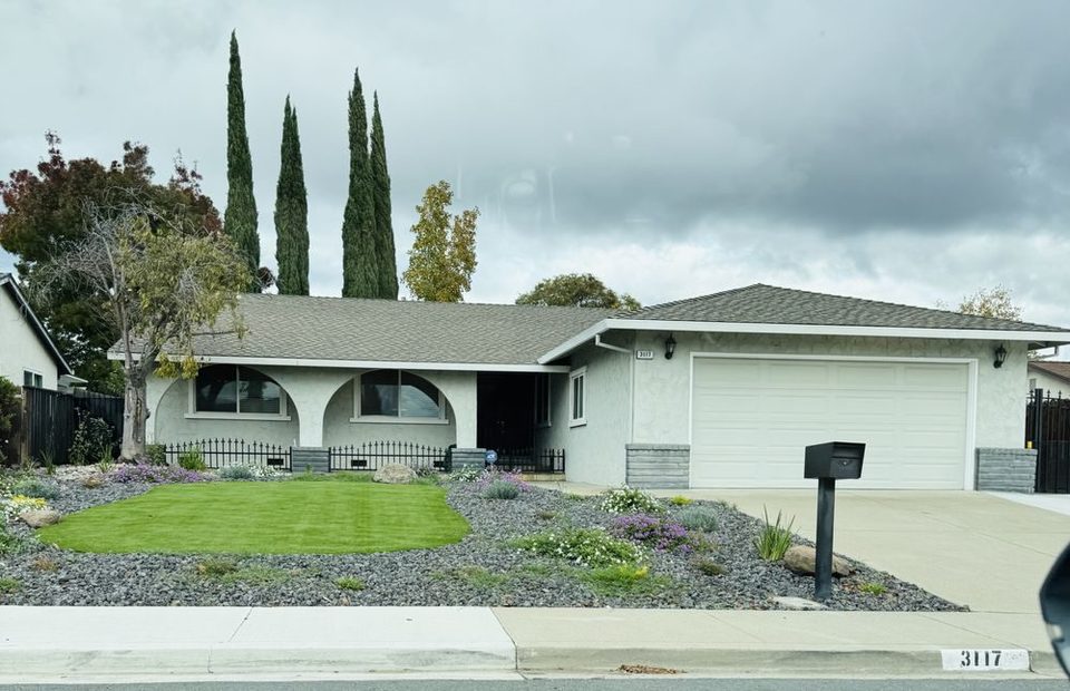 Small turf accent area surrounded by gravel, boulders and planting in front of a house