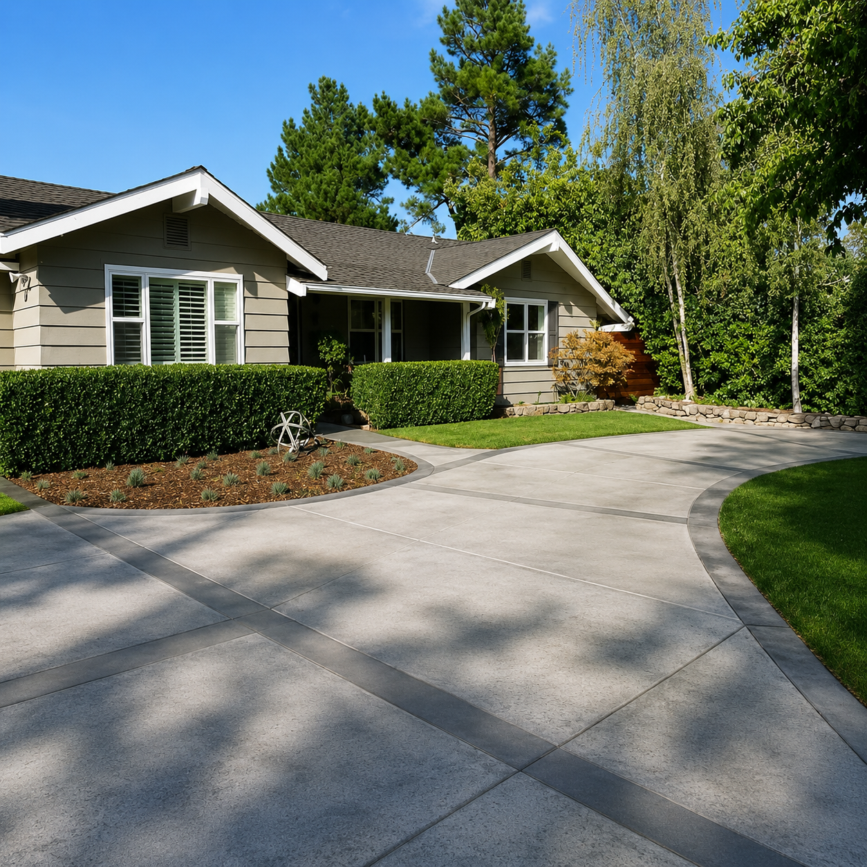Broom-finish concrete circular driveway at a Lafayette home