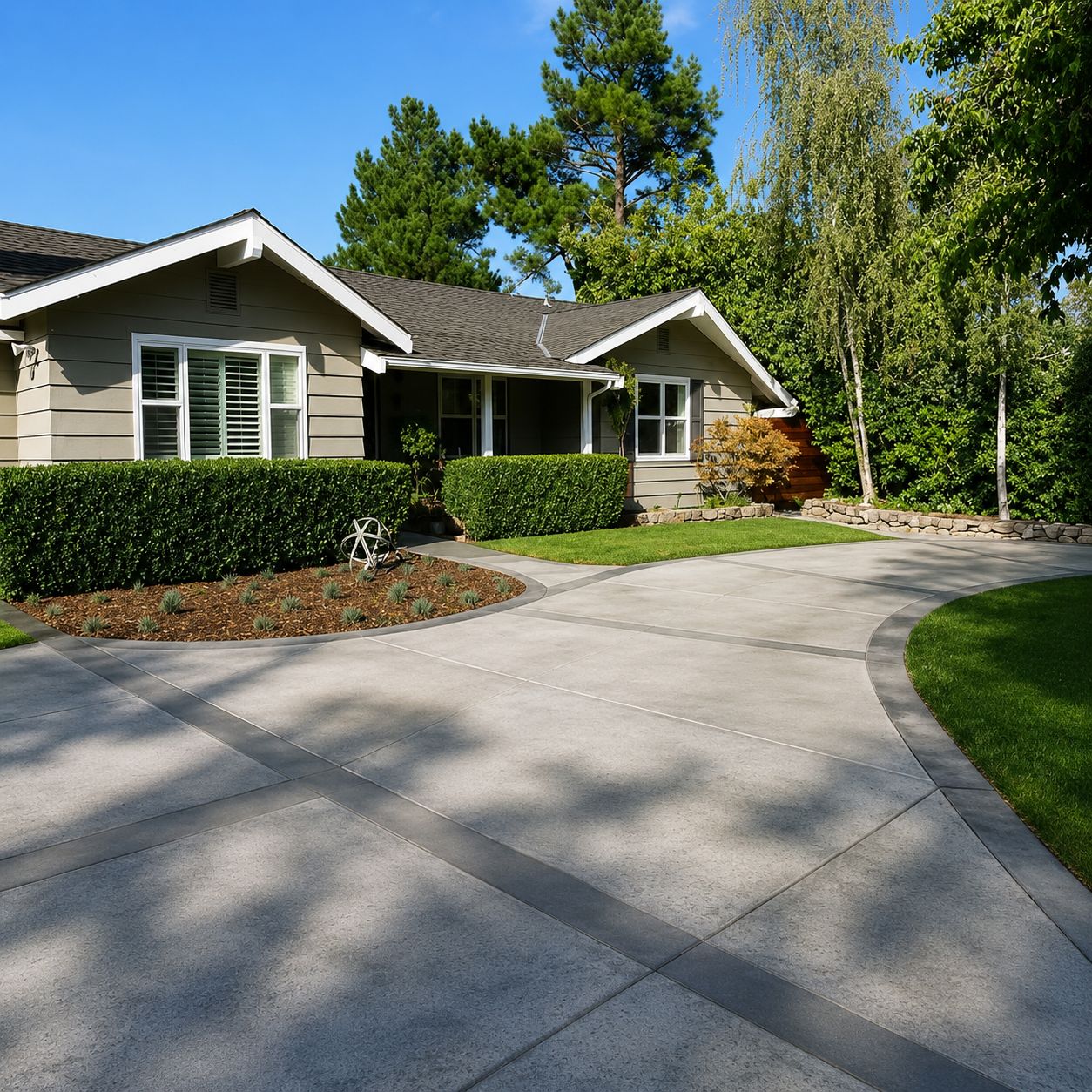 Freshly finished broom-textured concrete driveway with clean edges in front of a home