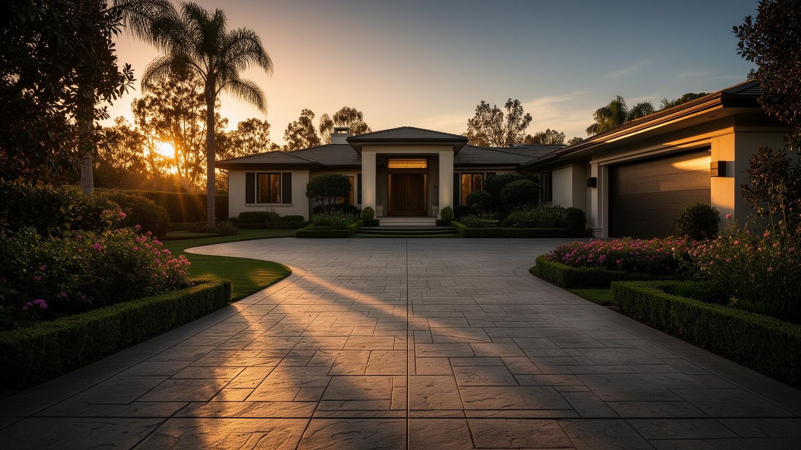 Stamped concrete driveway at golden hour by A·K Landscaping & Concrete in Walnut Creek, Contra Costa County
