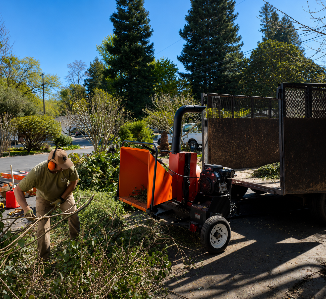 Ken feeding brush into the chipper next to the A·K dump trailer