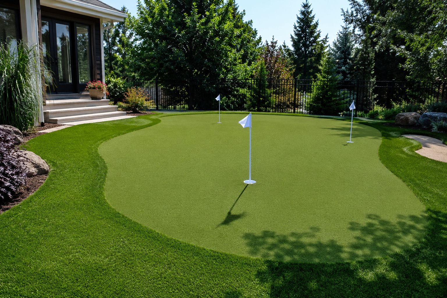 Custom synthetic-turf backyard putting green with fringe and contours at an Alamo residence