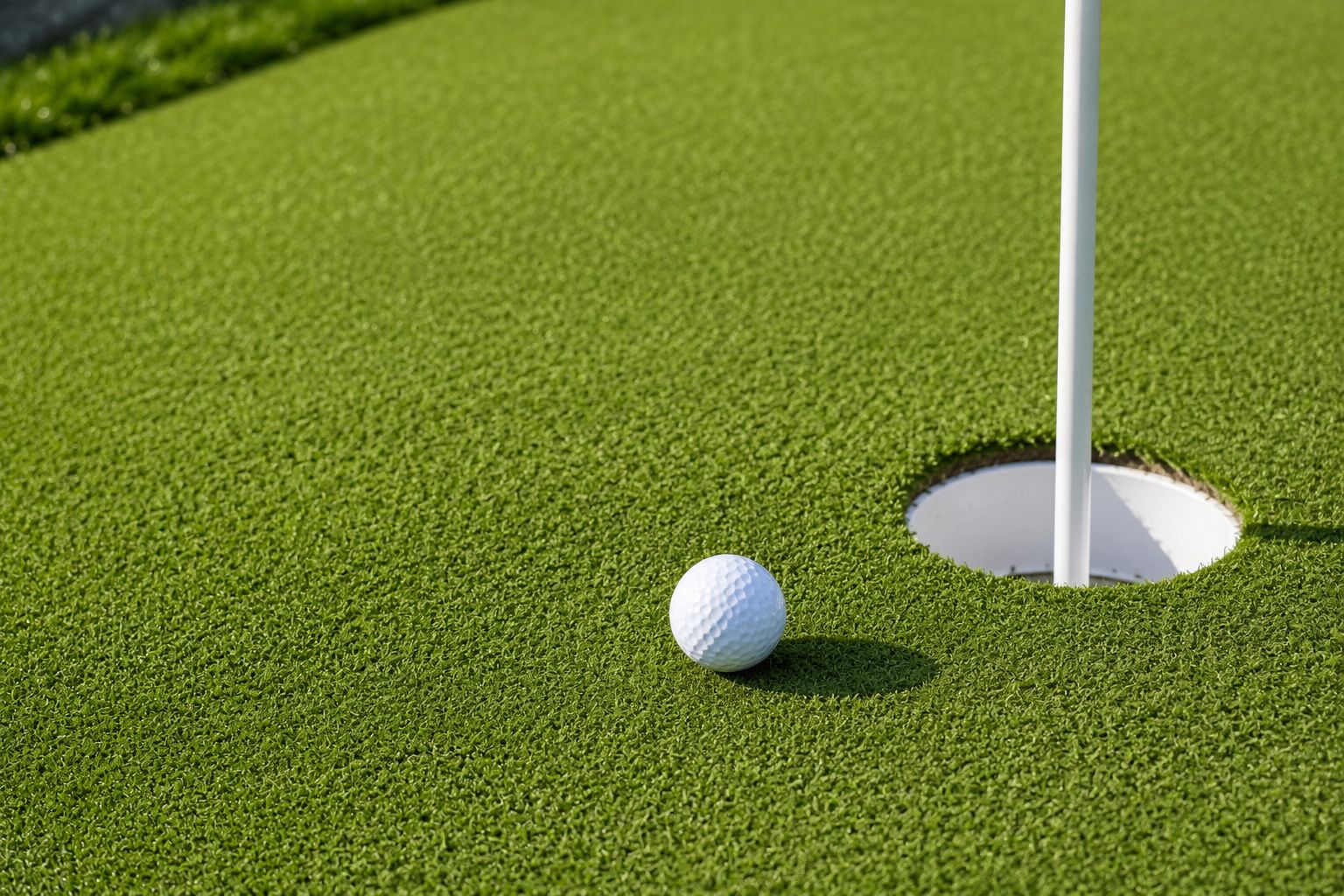 Close-up of a regulation cup and flag on a synthetic-turf putting green in Alamo