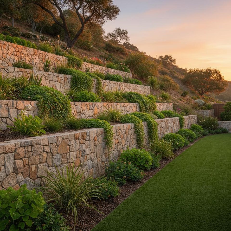 Stacked-block retaining wall holding back a planted slope beside a lawn