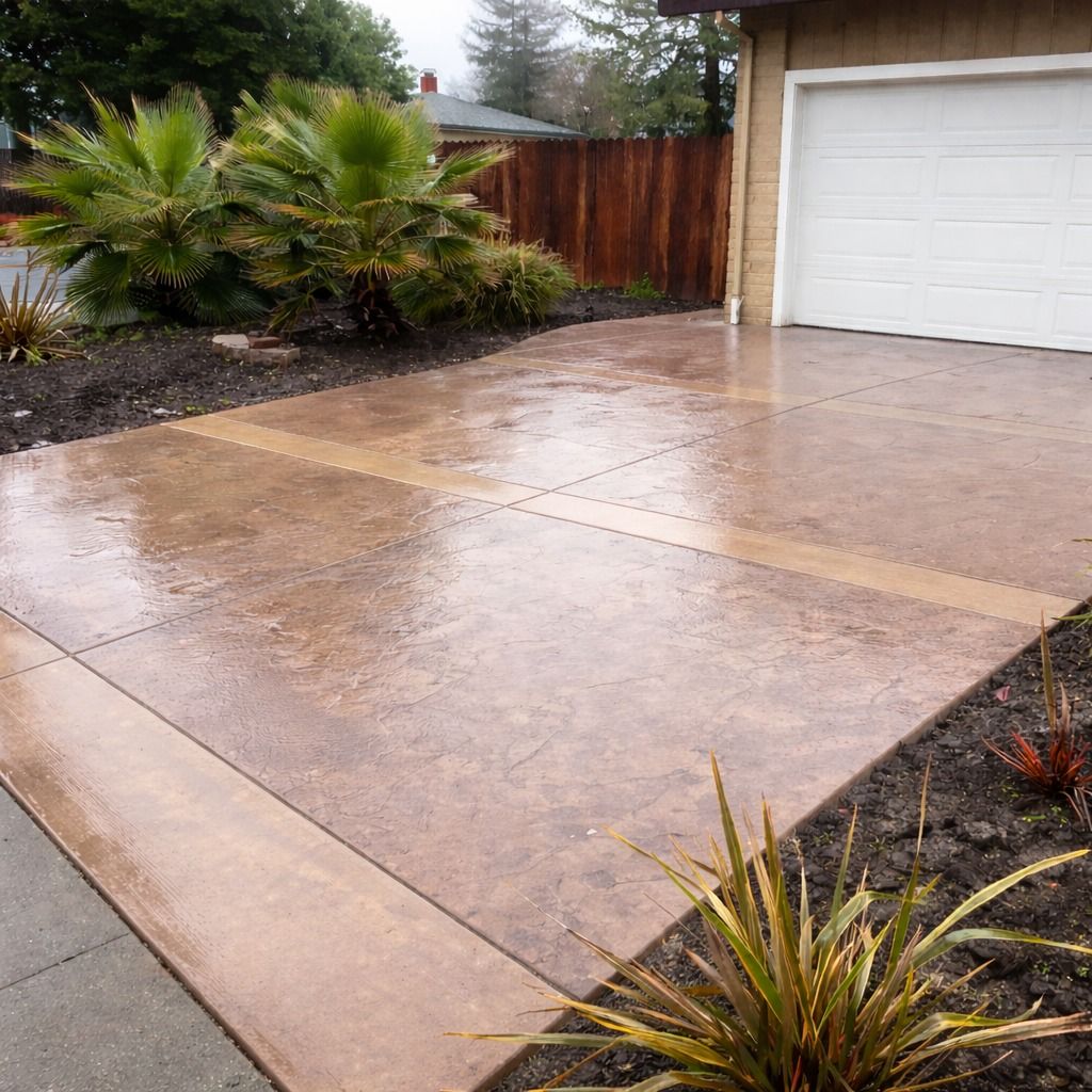 Tan stained concrete driveway with a darker saw-cut border band leading to a white garage door