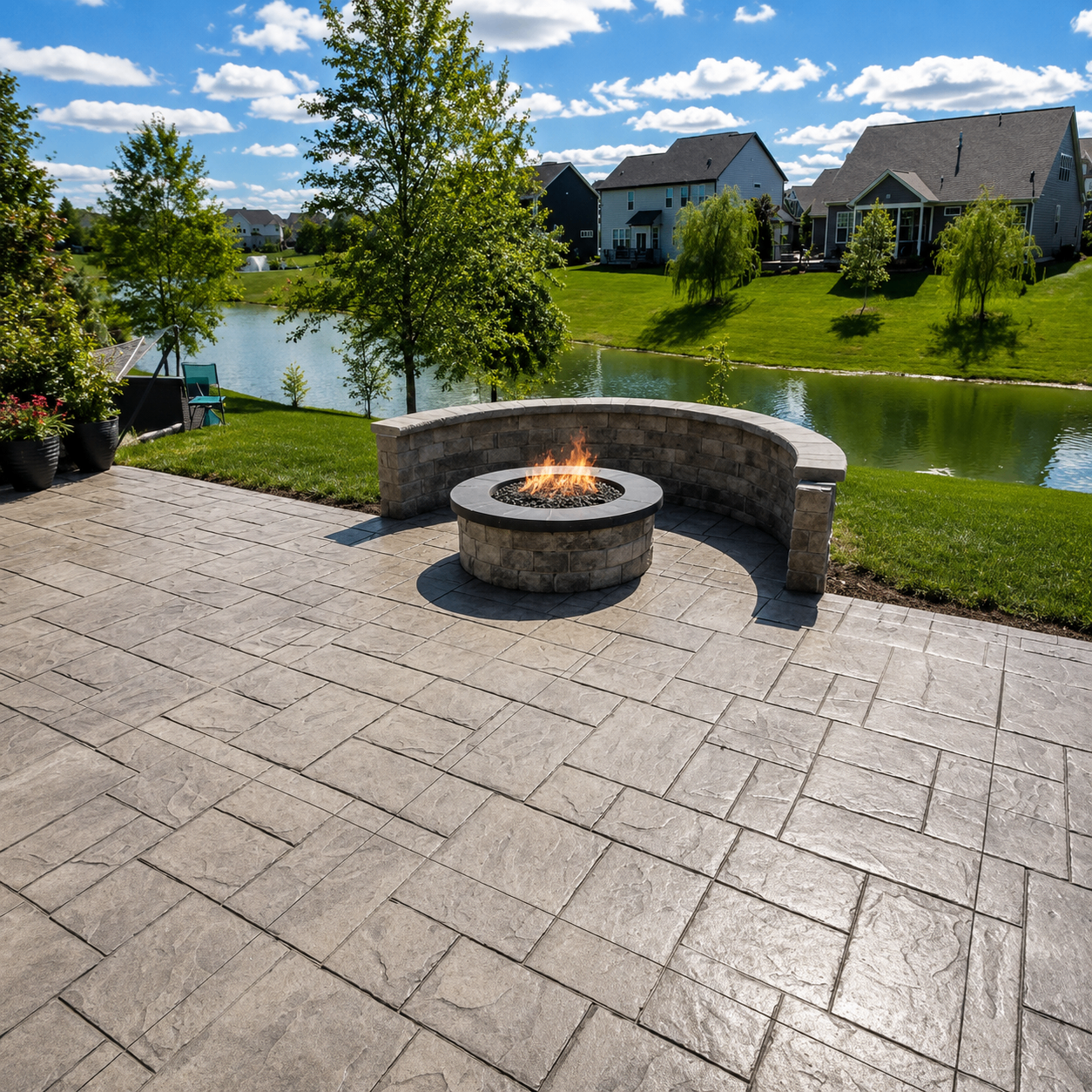 Stamped concrete patio with built-in gas fire pit and seating in a Danville backyard
