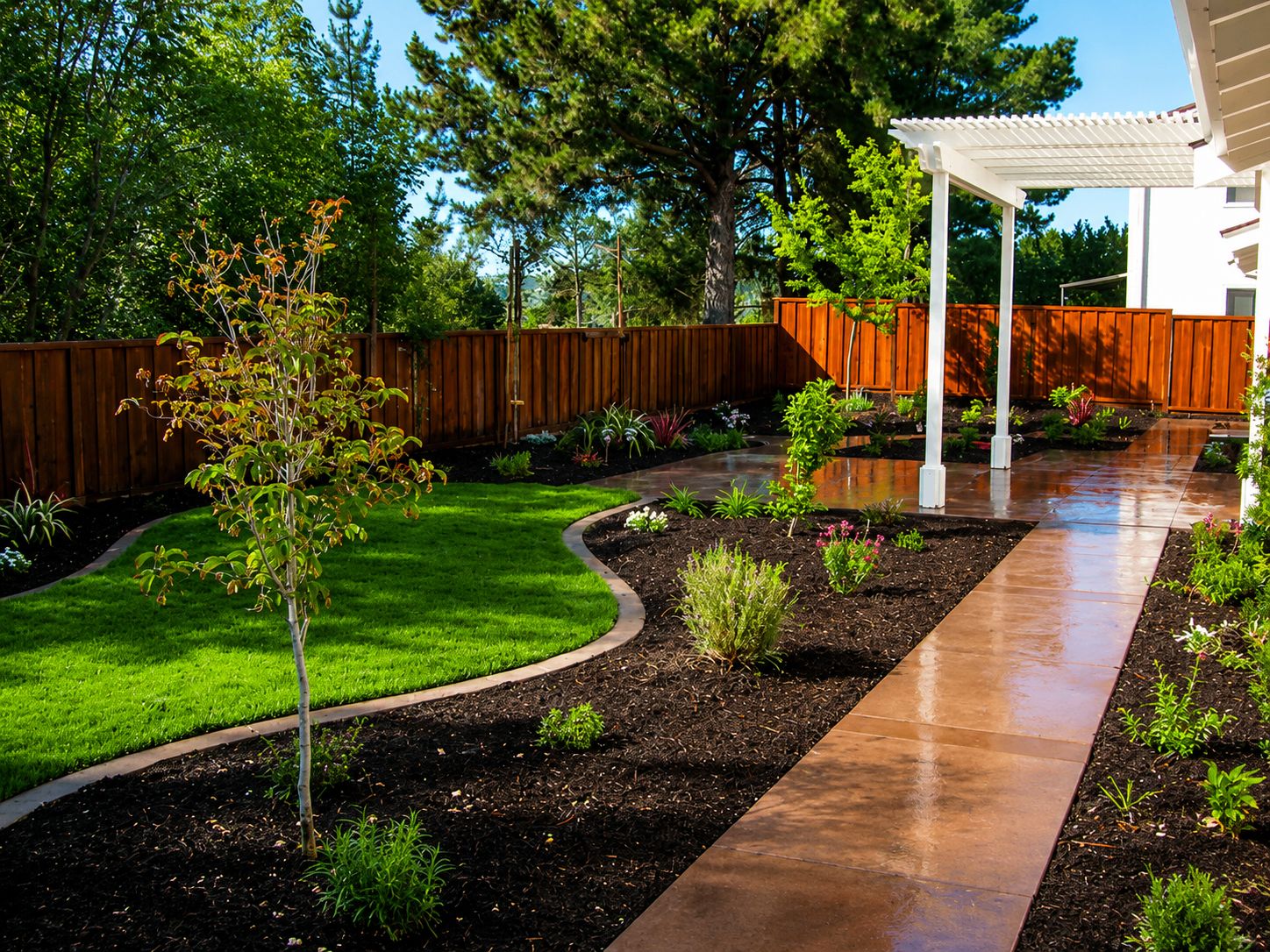 New wooden board fence along a backyard with a lawn and planting beds